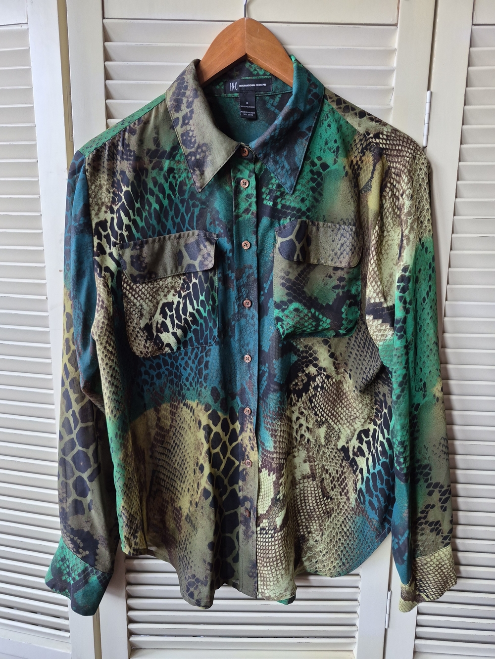 INC International Concepts Sheer Green & Teal Snake Print Blouse Size 8